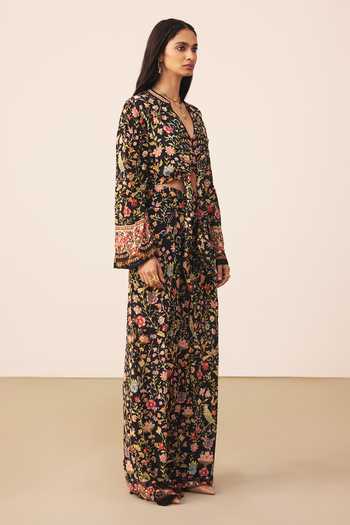 Shop Ritu Kumar Black Viscose, Crepe, Rayon V-neck Printed Top With Pant Online at Aza Fashions Shop_Ritu Kumar_Black Viscose, Crepe, Rayon V-neck Printed Top With Pant _Online_at_Aza_Fashions