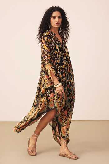 Ritu Kumar_Black Viscose Cowl Neck Floral Print Dress _Online_at_Aza_Fashions