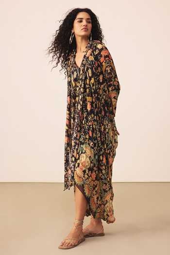 Buy_Ritu Kumar_Black Viscose Cowl Neck Floral Print Dress _Online_at_Aza_Fashions