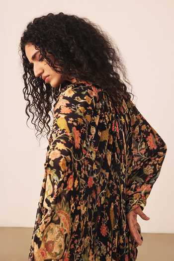 Shop_Ritu Kumar_Black Viscose Cowl Neck Floral Print Dress _Online_at_Aza_Fashions
