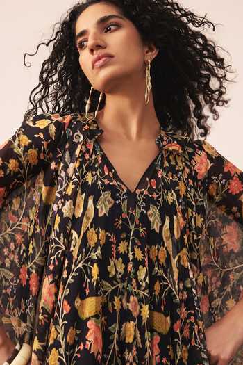 Ritu Kumar_Black Viscose Cowl Neck Floral Print Dress _at_Aza_Fashions