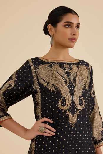 Shop_Ritu Kumar_Black Silk, Viscose Round Neck Paisley Embroidered And Printed Kurta Set _Online_at_Aza_Fashions