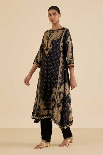 Ritu Kumar_Black Silk, Viscose Round Neck Paisley Embroidered And Printed Kurta Set _at_Aza_Fashions