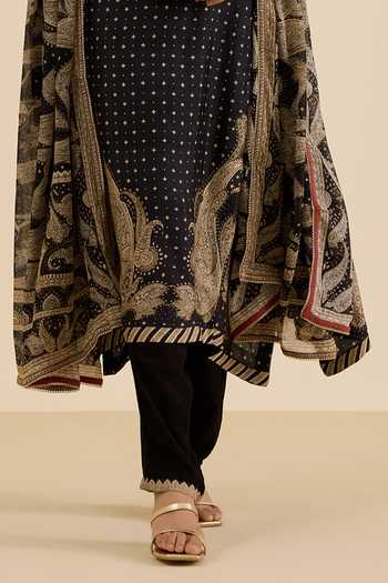 Buy_Ritu Kumar_Black Silk, Viscose Round Neck Paisley Embroidered And Printed Kurta Set 