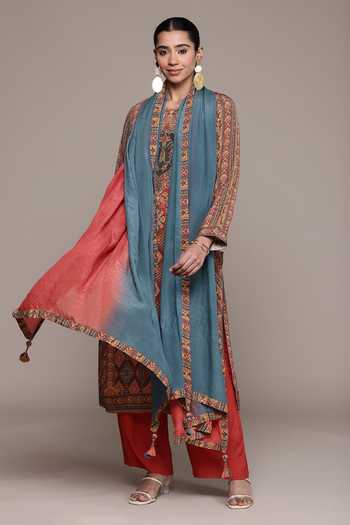 Ritu Kumar Orange Crepe, Viscose Round Neck Geometric Print Kurta Set Online at Aza Fashions Ritu Kumar_Orange Crepe, Viscose Round Neck Geometric Print Kurta Set _Online_at_Aza_Fashions