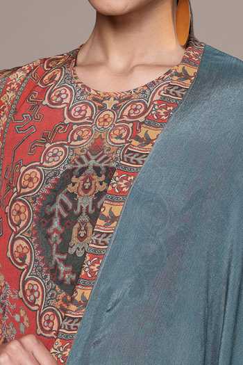 Buy Ritu Kumar Orange Crepe, Viscose Round Neck Geometric Print Kurta Set Buy_Ritu Kumar_Orange Crepe, Viscose Round Neck Geometric Print Kurta Set