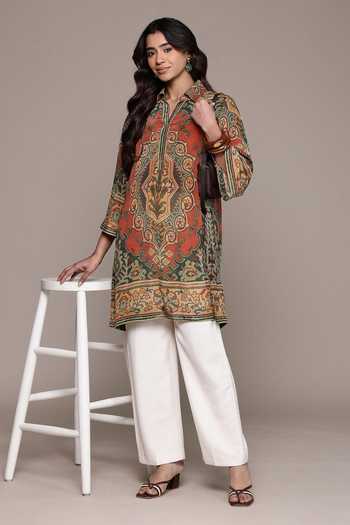 Ritu Kumar_Multi Color Crepe, Viscose Collared Rust Ambi Neck Full Sleeves Shirt _Online_at_Aza_Fashions