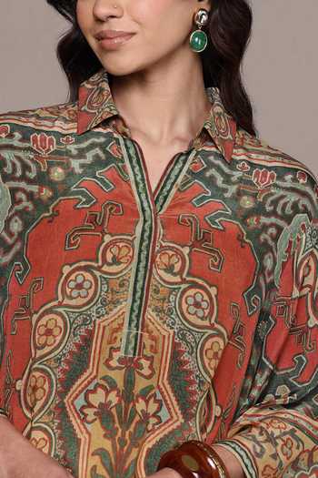 Buy_Ritu Kumar_Multi Color Crepe, Viscose Collared Rust Ambi Neck Full Sleeves Shirt _Online_at_Aza_Fashions