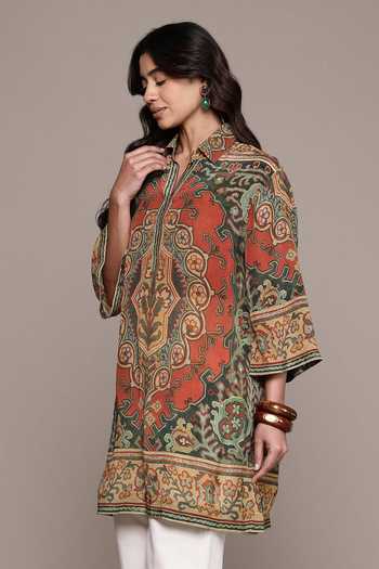Shop_Ritu Kumar_Multi Color Crepe, Viscose Collared Rust Ambi Neck Full Sleeves Shirt _Online_at_Aza_Fashions