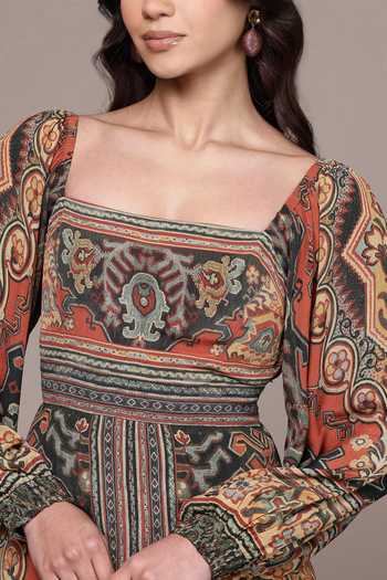 Ritu Kumar Orange Viscose, Crepe Square Neck Rust Ambi Full Sleeves Long Dress Online at Aza Fashions Ritu Kumar_Orange Viscose, Crepe Square Neck Rust Ambi Full Sleeves Long Dress _Online_at_Aza_Fashions
