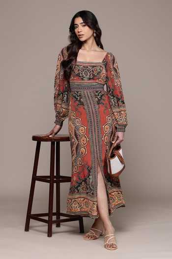 Buy Ritu Kumar Orange Viscose, Crepe Square Neck Rust Ambi Full Sleeves Long Dress at Aza Fashions Buy_Ritu Kumar_Orange Viscose, Crepe Square Neck Rust Ambi Full Sleeves Long Dress _at_Aza_Fashions