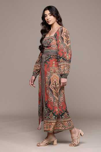 Shop Ritu Kumar Orange Viscose, Crepe Square Neck Rust Ambi Full Sleeves Long Dress Online at Aza Fashions Shop_Ritu Kumar_Orange Viscose, Crepe Square Neck Rust Ambi Full Sleeves Long Dress _Online_at_Aza_Fashions