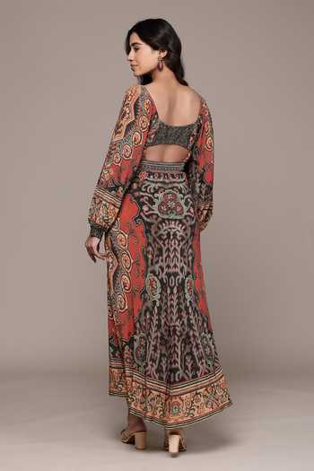 Shop Ritu Kumar Orange Viscose, Crepe Square Neck Rust Ambi Full Sleeves Long Dress at Aza Fashions Shop_Ritu Kumar_Orange Viscose, Crepe Square Neck Rust Ambi Full Sleeves Long Dress _at_Aza_Fashions