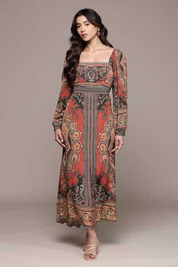 Ritu Kumar Orange Viscose, Crepe Square Neck Rust Ambi Full Sleeves Long Dress at Aza Fashions Ritu Kumar_Orange Viscose, Crepe Square Neck Rust Ambi Full Sleeves Long Dress _at_Aza_Fashions