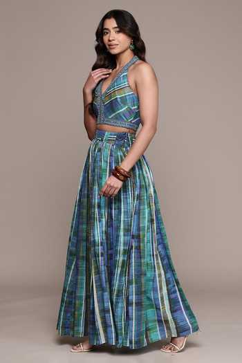Ritu Kumar_Blue Cotton, Voile Halter Neck Candice Print Top And Skirt Set _Online_at_Aza_Fashions