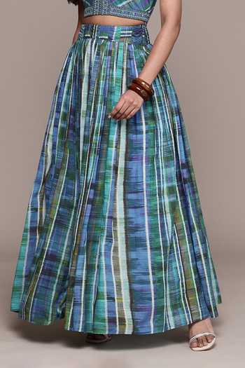 Buy_Ritu Kumar_Blue Cotton, Voile Halter Neck Candice Print Top And Skirt Set _Online_at_Aza_Fashions