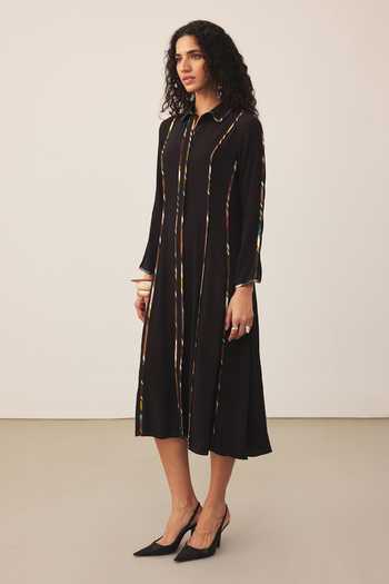Buy_Ritu Kumar_Black Crepe Button-down Neck Candice Solid Full Sleeve Dress _Online_at_Aza_Fashions