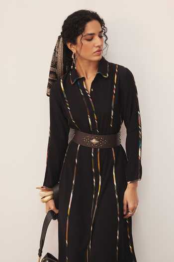 Shop_Ritu Kumar_Black Crepe Button-down Neck Candice Solid Full Sleeve Dress _Online_at_Aza_Fashions