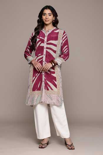 Ritu Kumar_Pink Crepe, Viscose Mandarin Collar Cascade Band Tunic _Online_at_Aza_Fashions