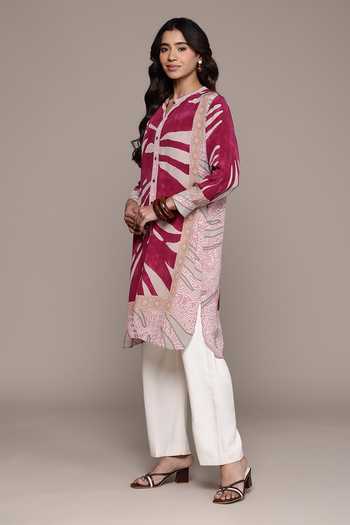 Buy_Ritu Kumar_Pink Crepe, Viscose Mandarin Collar Cascade Band Tunic _Online_at_Aza_Fashions
