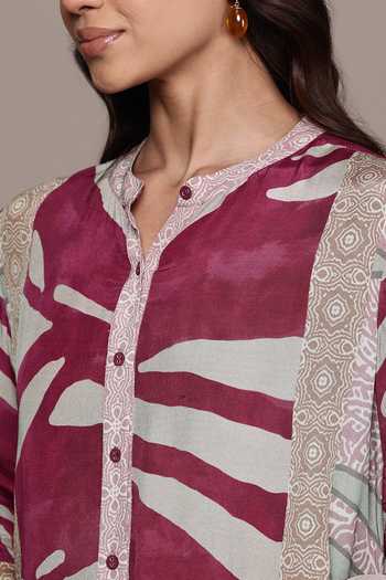 Shop_Ritu Kumar_Pink Crepe, Viscose Mandarin Collar Cascade Band Tunic _Online_at_Aza_Fashions