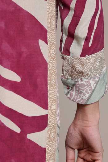 Ritu Kumar_Pink Crepe, Viscose Mandarin Collar Cascade Band Tunic _at_Aza_Fashions