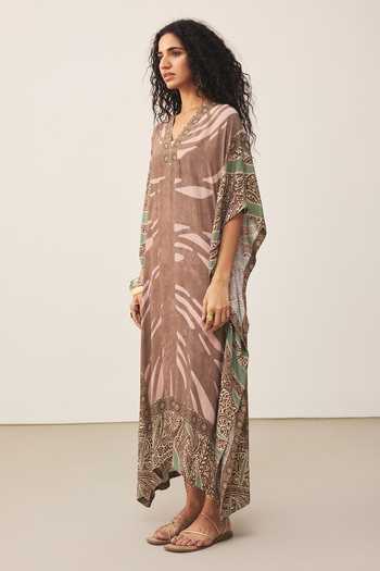 Ritu Kumar_Brown Crepe, Viscose V-neck Cascade Dress _Online_at_Aza_Fashions