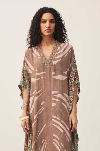 Buy_Ritu Kumar_Brown Crepe, Viscose V-neck Cascade Dress _Online_at_Aza_Fashions