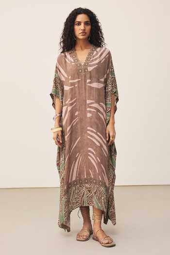 Shop_Ritu Kumar_Brown Crepe, Viscose V-neck Cascade Dress _Online_at_Aza_Fashions