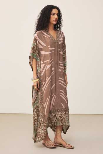 Ritu Kumar_Brown Crepe, Viscose V-neck Cascade Dress _at_Aza_Fashions