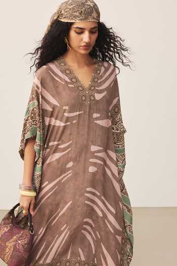 Buy_Ritu Kumar_Brown Crepe, Viscose V-neck Cascade Dress 