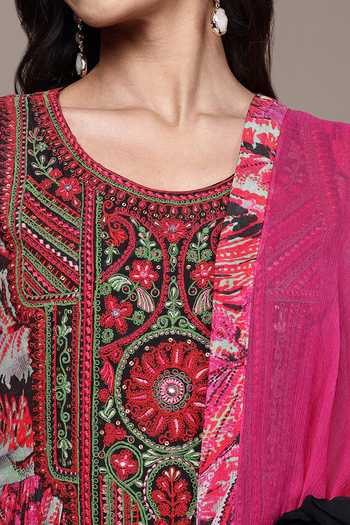Shop_Ritu Kumar_Pink Lurex, Viscose, Lycra, Jersey, Chiffon Round Neck Fiza Printed Anarkali Set _Online_at_Aza_Fashions