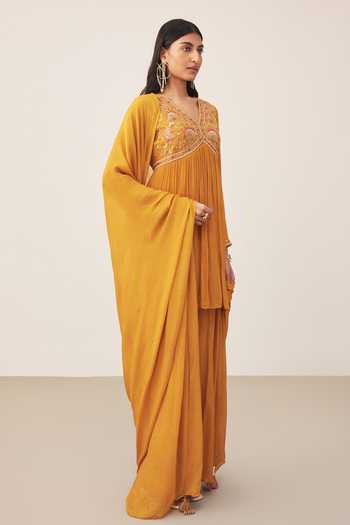 Ritu Kumar_Yellow Viscose, Chinon V-neck, Yes Embroidered Kurta Sharara Set _Online_at_Aza_Fashions