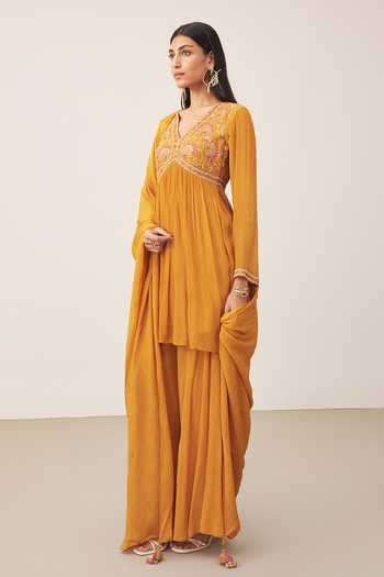 Buy_Ritu Kumar_Yellow Viscose, Chinon V-neck, Yes Embroidered Kurta Sharara Set _Online_at_Aza_Fashions