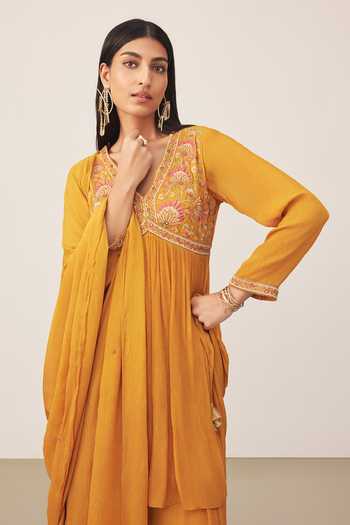 Ritu Kumar_Yellow Viscose, Chinon V-neck, Yes Embroidered Kurta Sharara Set _at_Aza_Fashions