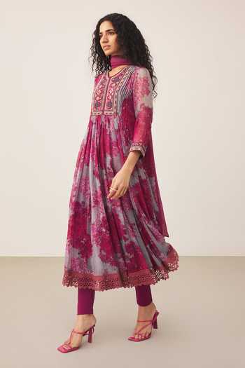Ritu Kumar_Purple Viscose, Lycra, Jersey V-neck, Yes Khizan Floral Print Kurta Set _Online_at_Aza_Fashions