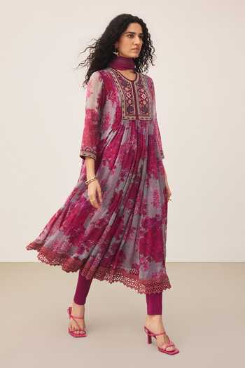 Buy_Ritu Kumar_Purple Viscose, Lycra, Jersey V-neck, Yes Khizan Floral Print Kurta Set _Online_at_Aza_Fashions