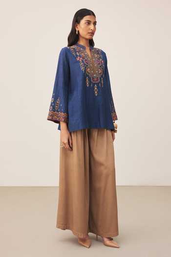 Ritu Kumar Blue Chanderi Mandarin Collar Lara Embroidered Kurta Online at Aza Fashions Ritu Kumar_Blue Chanderi Mandarin Collar Lara Embroidered Kurta _Online_at_Aza_Fashions