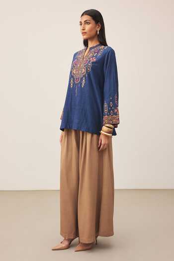 Buy Ritu Kumar Blue Chanderi Mandarin Collar Lara Embroidered Kurta Online at Aza Fashions Buy_Ritu Kumar_Blue Chanderi Mandarin Collar Lara Embroidered Kurta _Online_at_Aza_Fashions