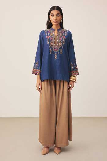 Shop Ritu Kumar Blue Chanderi Mandarin Collar Lara Embroidered Kurta Online at Aza Fashions Shop_Ritu Kumar_Blue Chanderi Mandarin Collar Lara Embroidered Kurta _Online_at_Aza_Fashions