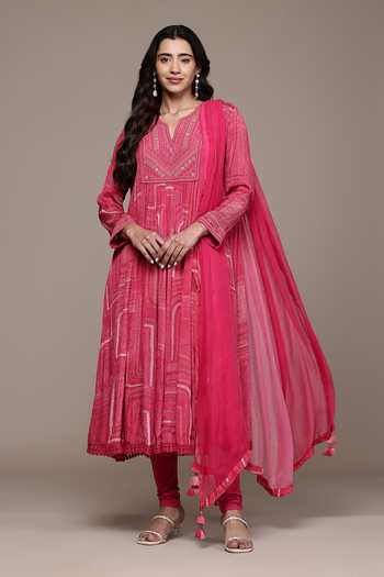Shop_Ritu Kumar_Pink Viscose, Chinon, Lycra, Jersey, Chiffon Ujwal Textured Pattern Kurta Set _Online_at_Aza_Fashions