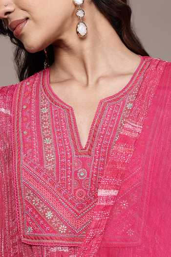 Ritu Kumar_Pink Viscose, Chinon, Lycra, Jersey, Chiffon Ujwal Textured Pattern Kurta Set _at_Aza_Fashions