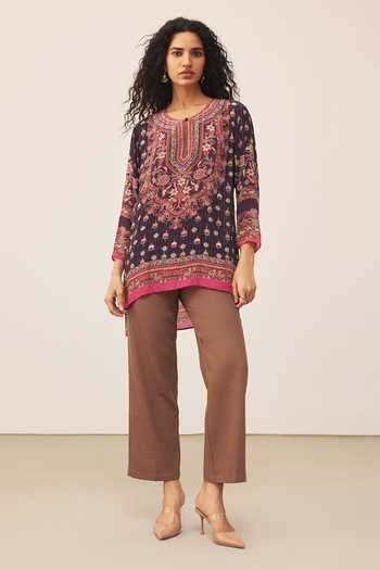 Ritu Kumar_Black Crepe, Viscose Round Neck Uppwan Full Sleeves Kurta _Online_at_Aza_Fashions