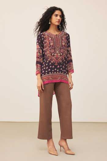 Buy_Ritu Kumar_Black Crepe, Viscose Round Neck Uppwan Full Sleeves Kurta _Online_at_Aza_Fashions