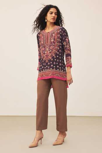 Shop_Ritu Kumar_Black Crepe, Viscose Round Neck Uppwan Full Sleeves Kurta _Online_at_Aza_Fashions