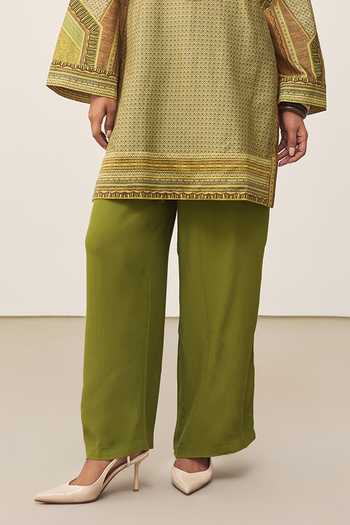 Shop_Ritu Kumar_Green Chanderi, Crepe Keyhole Neck, Yes Alifia Printed Kurta And Pant Set _Online_at_Aza_Fashions