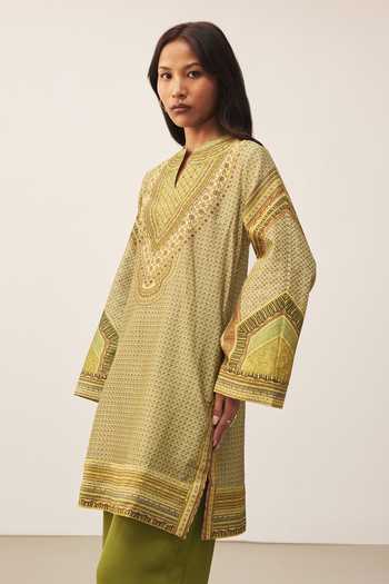 Shop_Ritu Kumar_Green Chanderi, Crepe Keyhole Neck, Yes Alifia Printed Kurta And Pant Set 