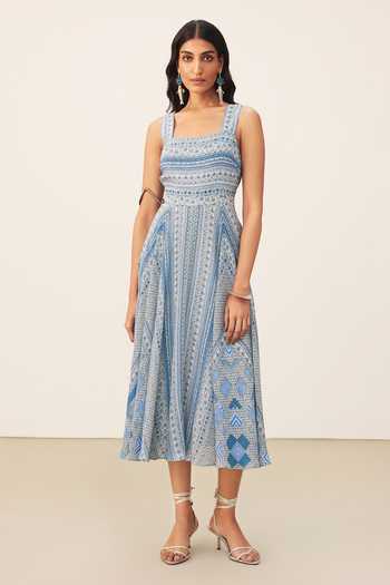 Buy Ritu Kumar Blue Viscose, Crepe Square Neck Alifia Sleeveless Dress at Aza Fashions Buy_Ritu Kumar_Blue Viscose, Crepe Square Neck Alifia Sleeveless Dress _at_Aza_Fashions