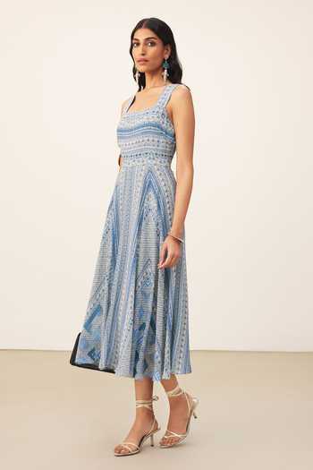 Ritu Kumar Blue Viscose, Crepe Square Neck Alifia Sleeveless Dress Online at Aza Fashions Ritu Kumar_Blue Viscose, Crepe Square Neck Alifia Sleeveless Dress _Online_at_Aza_Fashions