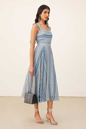 Buy Ritu Kumar Blue Viscose, Crepe Square Neck Alifia Sleeveless Dress Online at Aza Fashions Buy_Ritu Kumar_Blue Viscose, Crepe Square Neck Alifia Sleeveless Dress _Online_at_Aza_Fashions